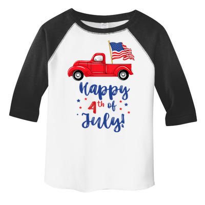 Red Truck With American Flag Happy 4th Of July Toddler Fine Jersey T-Shirt