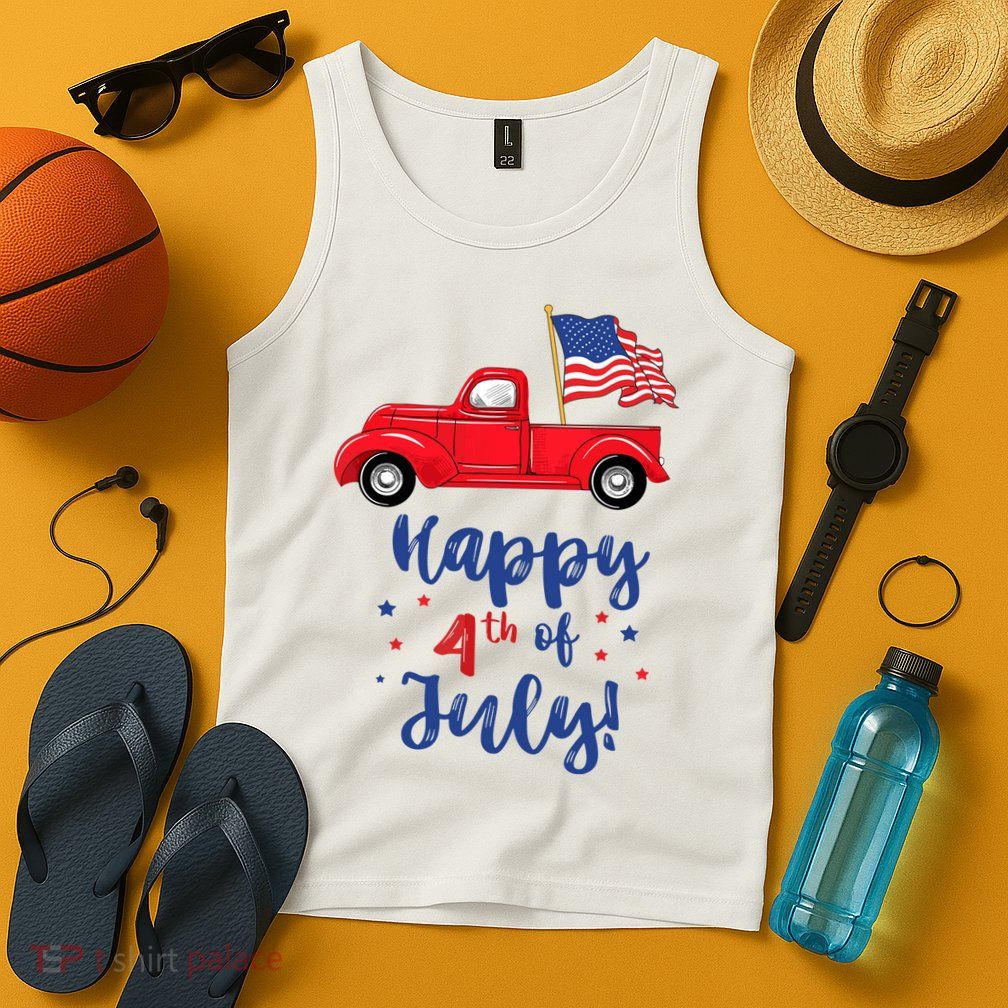 Red Truck With American Flag Happy 4th Of July Tank Top