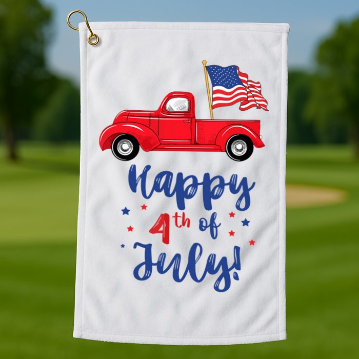 Red Truck With American Flag Happy 4th Of July Golf Towel