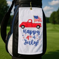 Red Truck With American Flag Happy 4th Of July Golf Towel