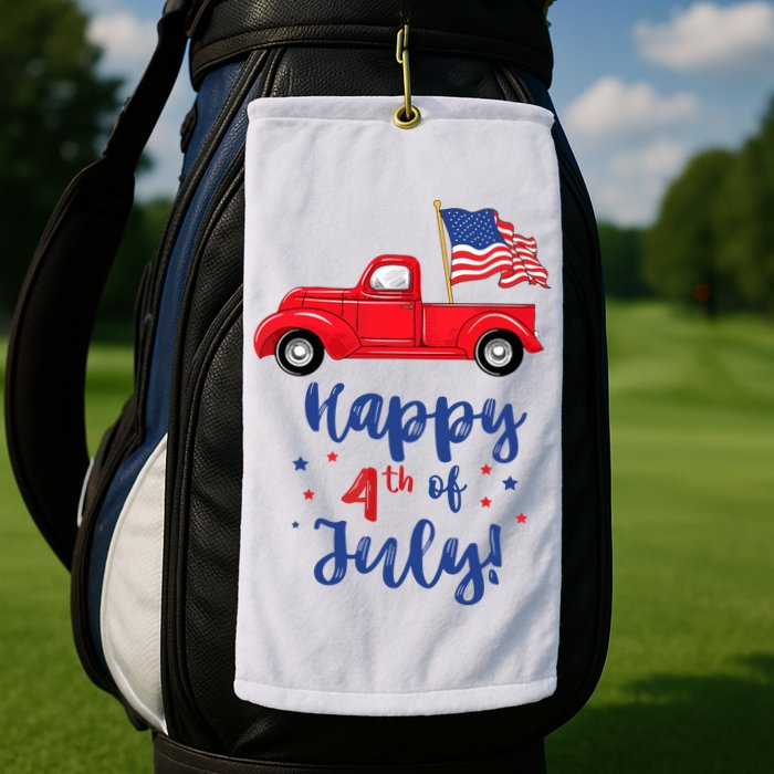 Red Truck With American Flag Happy 4th Of July Golf Towel