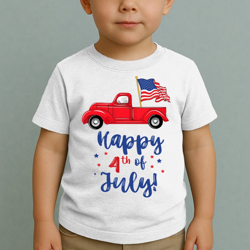 Red Truck With American Flag Happy 4th Of July Toddler T-Shirt