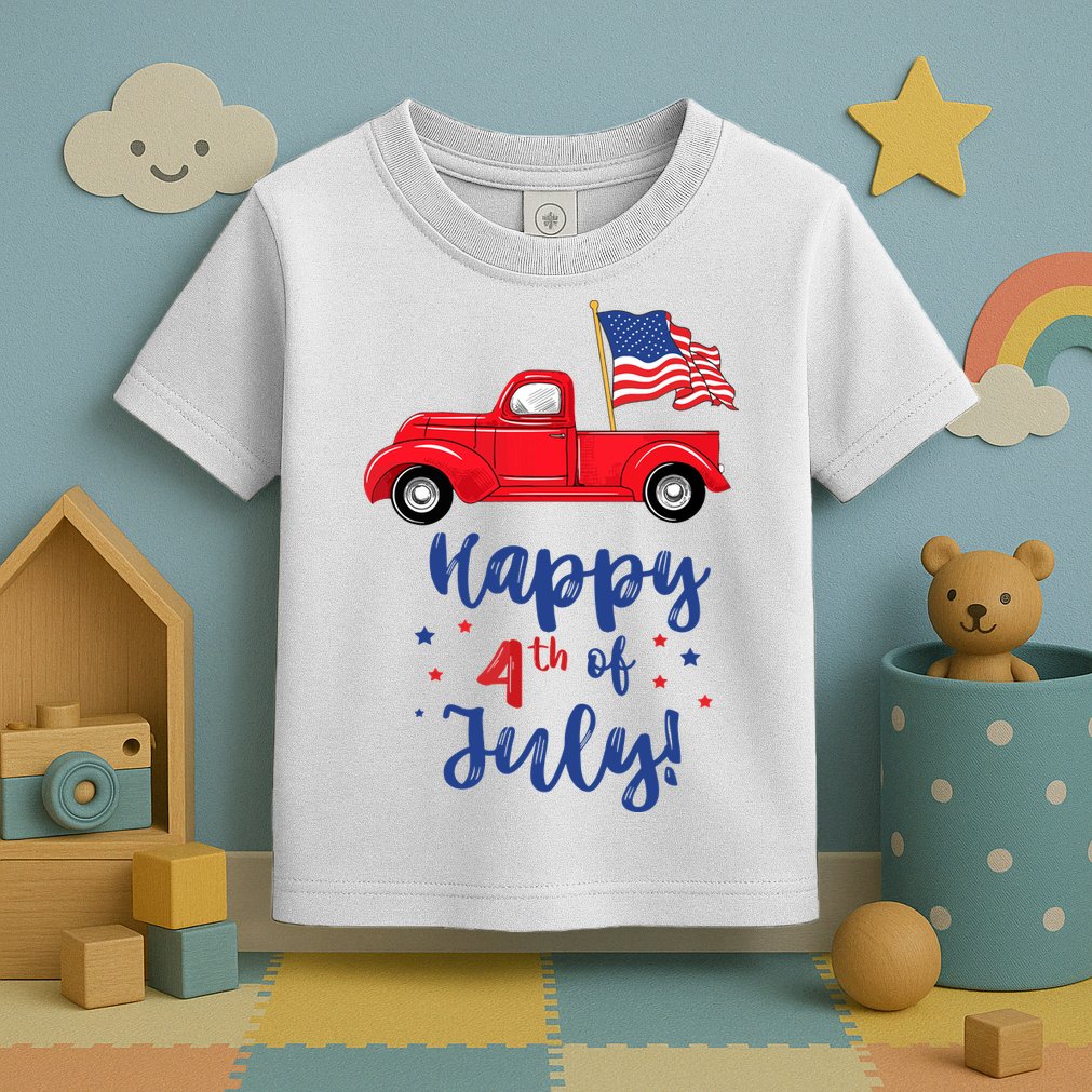 Red Truck With American Flag Happy 4th Of July Toddler T-Shirt