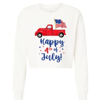Red Truck With American Flag Happy 4th Of July Cropped Pullover Crew