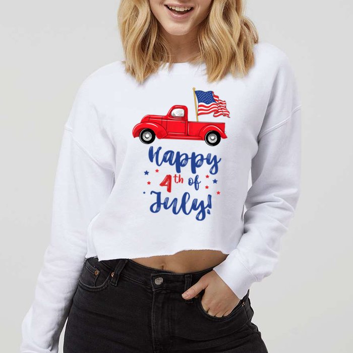 Red Truck With American Flag Happy 4th Of July Cropped Pullover Crew