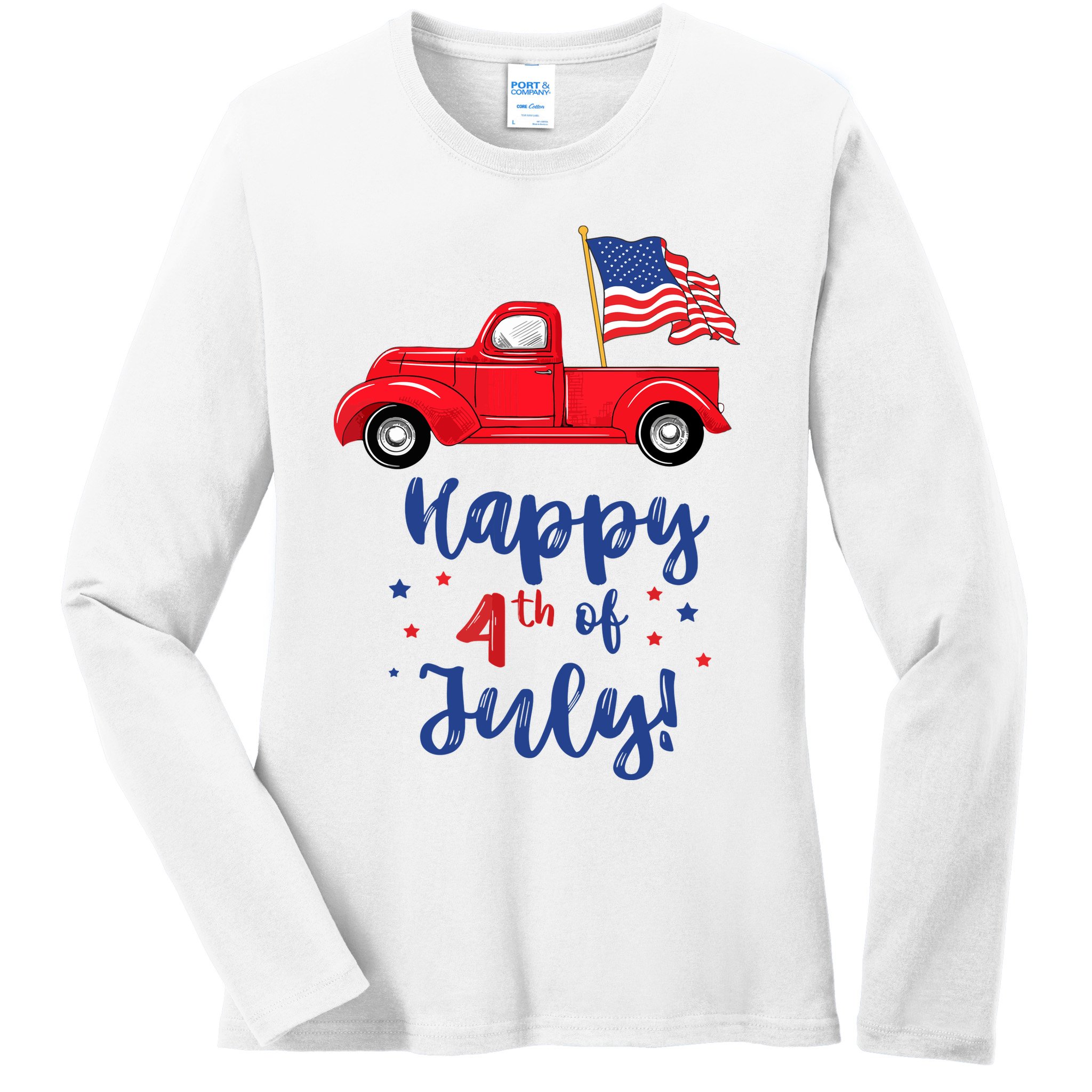 Red Truck With American Flag Happy 4th Of July Ladies Long Sleeve Shirt