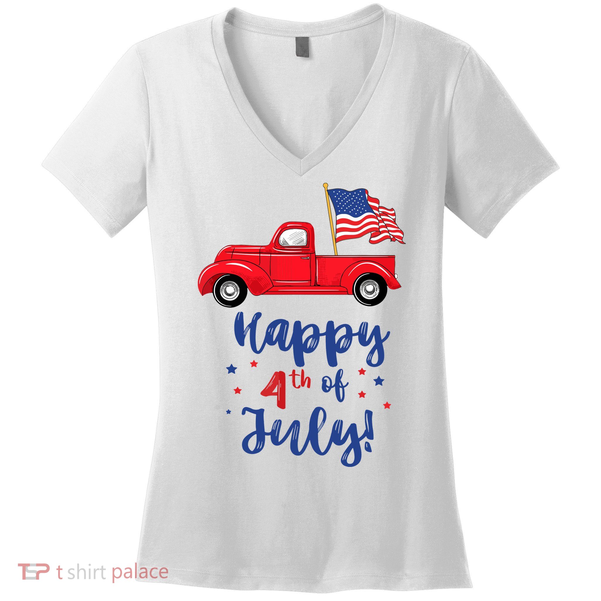 Red Truck With American Flag Happy 4th Of July Women's V-Neck T-Shirt