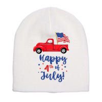 Red Truck With American Flag Happy 4th Of July Short Acrylic Beanie
