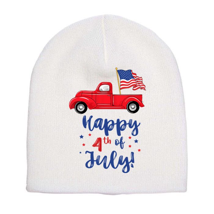 Red Truck With American Flag Happy 4th Of July Short Acrylic Beanie