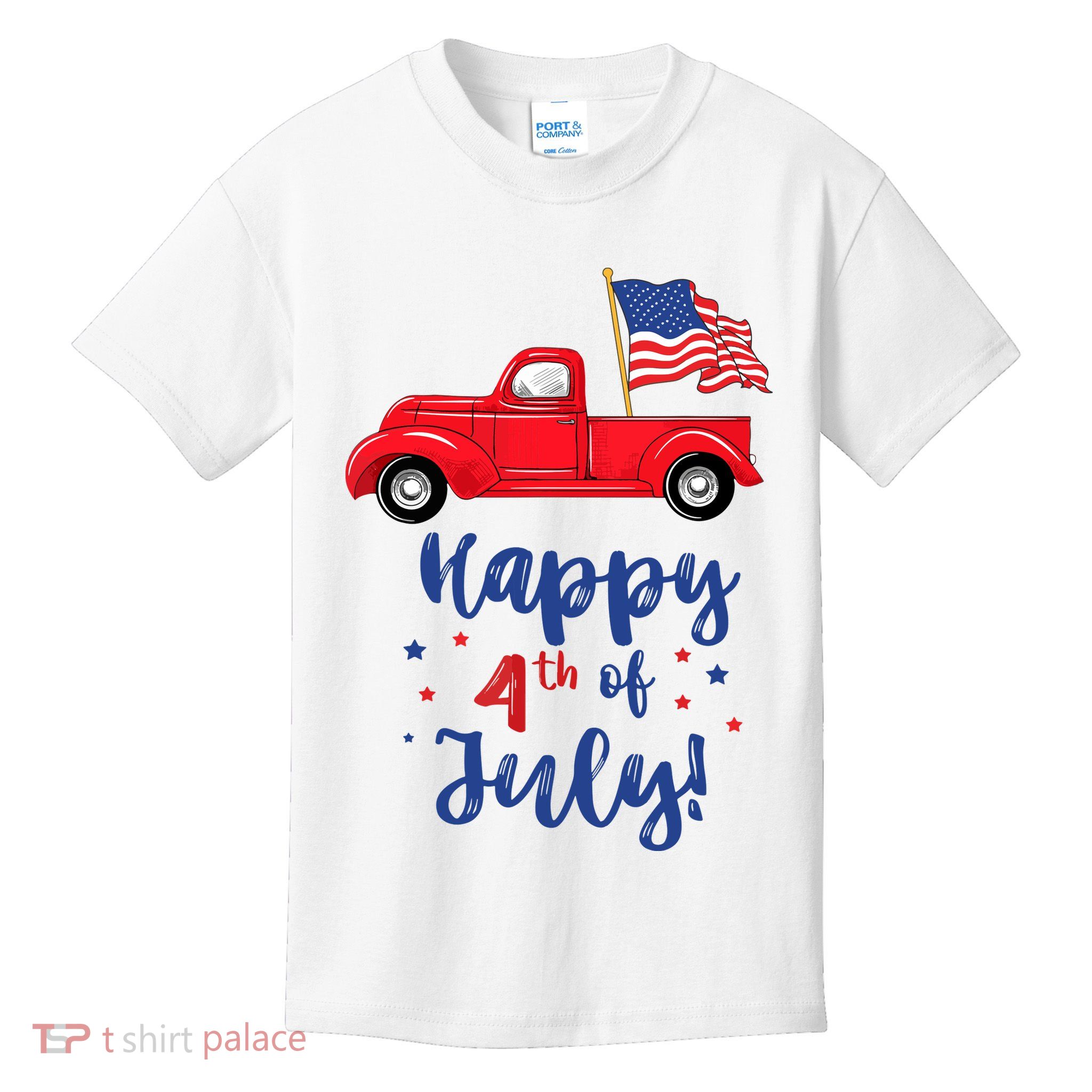 Red Truck With American Flag Happy 4th Of July Kids T-Shirt