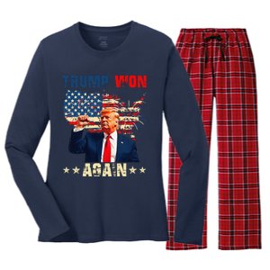 Retro Trump Won Again 2024 Us Vote 47th President Election Women's Long Sleeve Flannel Pajama Set 