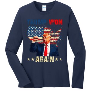 Retro Trump Won Again 2024 Us Vote 47th President Election Ladies Long Sleeve Shirt