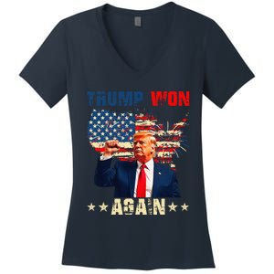 Retro Trump Won Again 2024 Us Vote 47th President Election Women's V-Neck T-Shirt