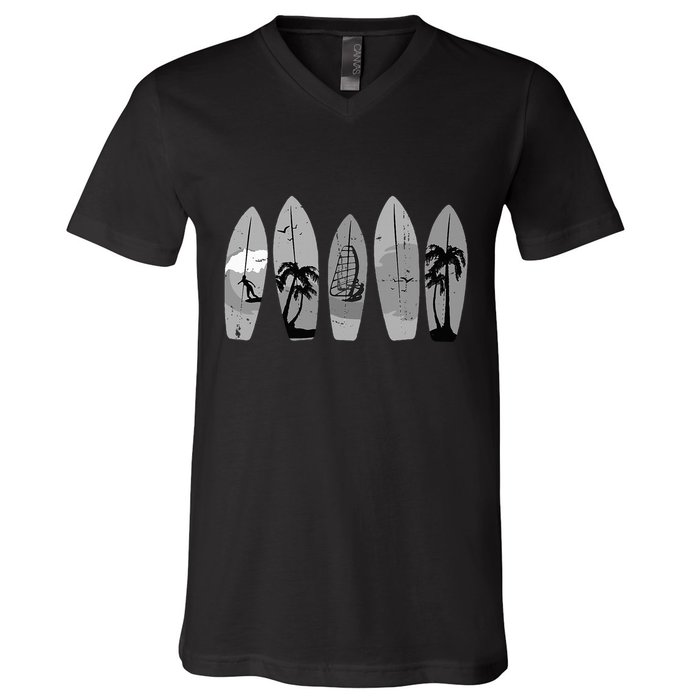 Ride the Waves with a Timeless Surfboard V-Neck T-Shirt
