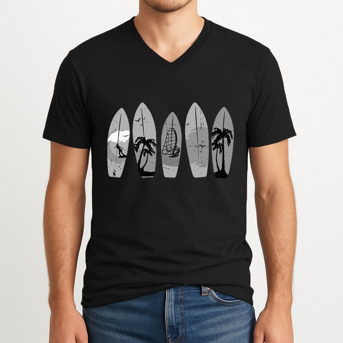 Ride the Waves with a Timeless Surfboard V-Neck T-Shirt