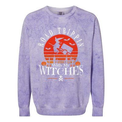 Road Trippin With My Witches Halloween Witch Camping Gift Colorblast Crewneck Sweatshirt