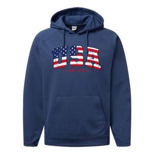 Retro USA 4th July Est 1776 America Patriotic Performance Fleece Hoodie