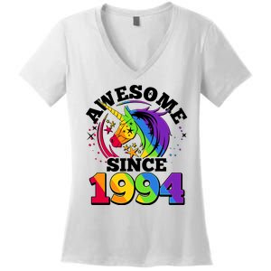 Rainbow Unicorn Awesome Since 1994 30th Birthday Women's V-Neck T-Shirt