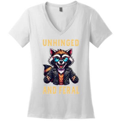 Raccoon Unhinged And Feral Retro Funny Raccoon Feral Summer Women's V-Neck T-Shirt