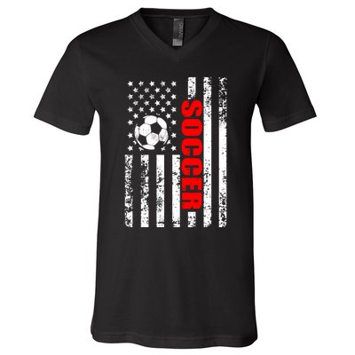 Retro Us American Flag Soccer Patriotic Soccer V-Neck T-Shirt