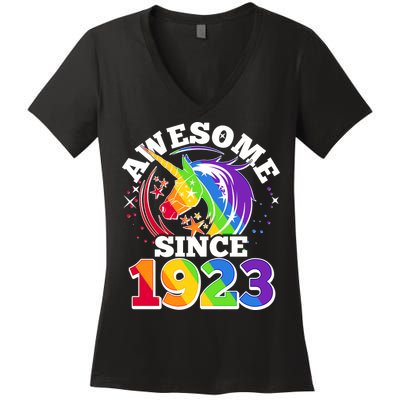 Rainbow Unicorn Awesome Since 1923 100th Birthday Women's V-Neck T-Shirt