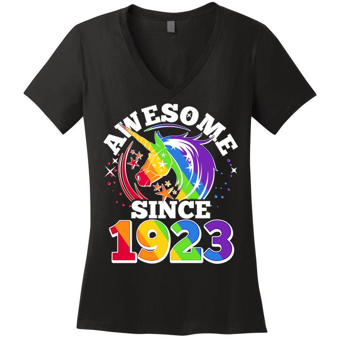 Rainbow Unicorn Awesome Since 1923 100th Birthday Women's V-Neck T-Shirt