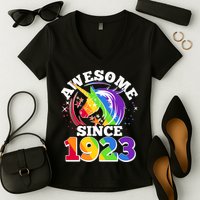 Rainbow Unicorn Awesome Since 1923 100th Birthday Women's V-Neck T-Shirt