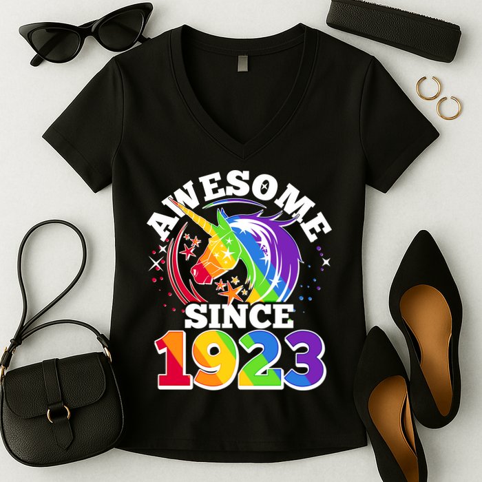 Rainbow Unicorn Awesome Since 1923 100th Birthday Women's V-Neck T-Shirt