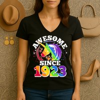 Rainbow Unicorn Awesome Since 1923 100th Birthday Women's V-Neck T-Shirt