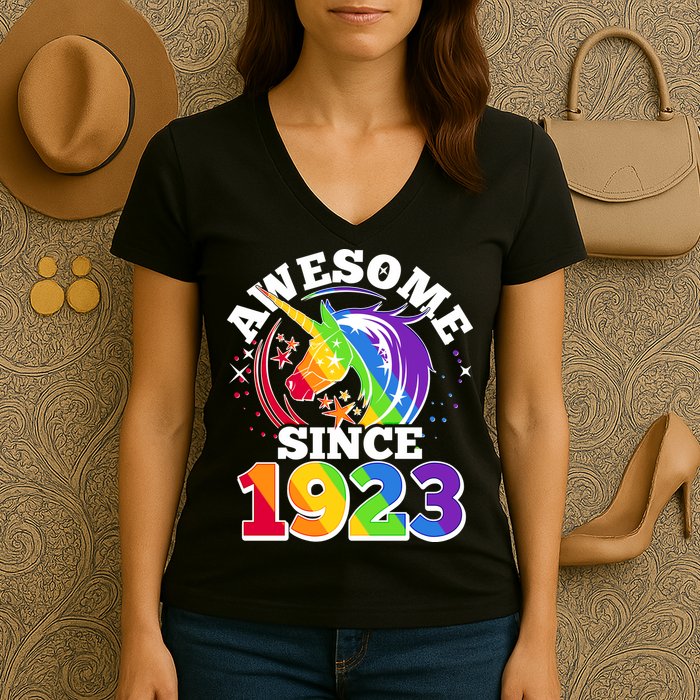 Rainbow Unicorn Awesome Since 1923 100th Birthday Women's V-Neck T-Shirt