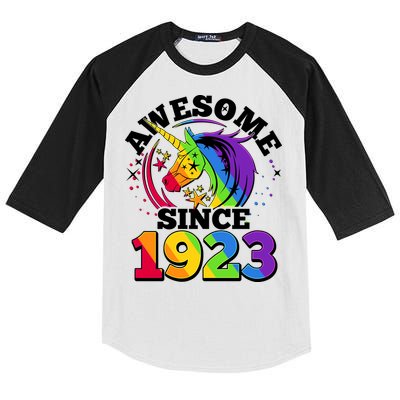 Rainbow Unicorn Awesome Since 1923 100th Birthday Kids Colorblock Raglan Jersey