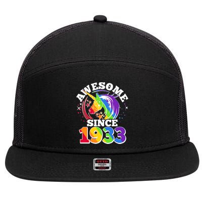 Rainbow Unicorn Awesome Since 1933 90th Birthday 7 Panel Mesh Trucker Snapback Hat