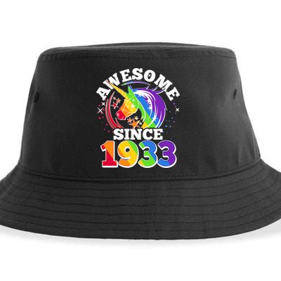 Rainbow Unicorn Awesome Since 1933 90th Birthday Sustainable Bucket Hat