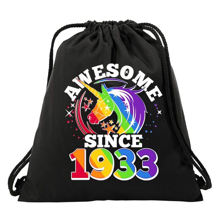 Rainbow Unicorn Awesome Since 1933 90th Birthday Drawstring Bag