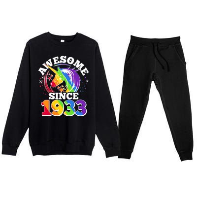 Rainbow Unicorn Awesome Since 1933 90th Birthday Premium Crewneck Sweatsuit Set