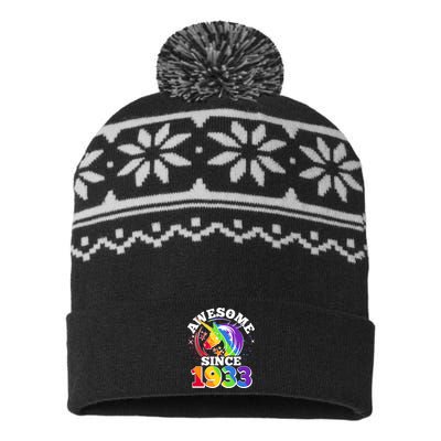 Rainbow Unicorn Awesome Since 1933 90th Birthday USA-Made Snowflake Beanie