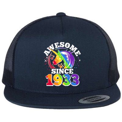 Rainbow Unicorn Awesome Since 1933 90th Birthday Flat Bill Trucker Hat