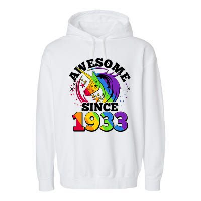 Rainbow Unicorn Awesome Since 1933 90th Birthday Garment-Dyed Fleece Hoodie