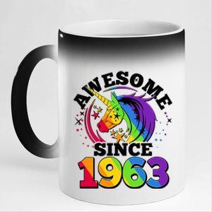 Rainbow Unicorn Awesome Since 1963 60th Birthday 11oz Black Color Changing Mug