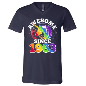 Rainbow Unicorn Awesome Since 1963 60th Birthday V-Neck T-Shirt