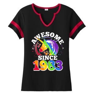 Rainbow Unicorn Awesome Since 1983 40th Birthday Ladies Halftime Notch Neck Tee