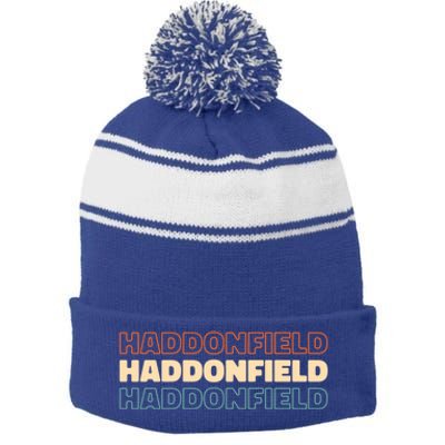 Retro Us American City Vintage New Jersey Haddonfield Cool Gift Stripe Pom Pom Beanie