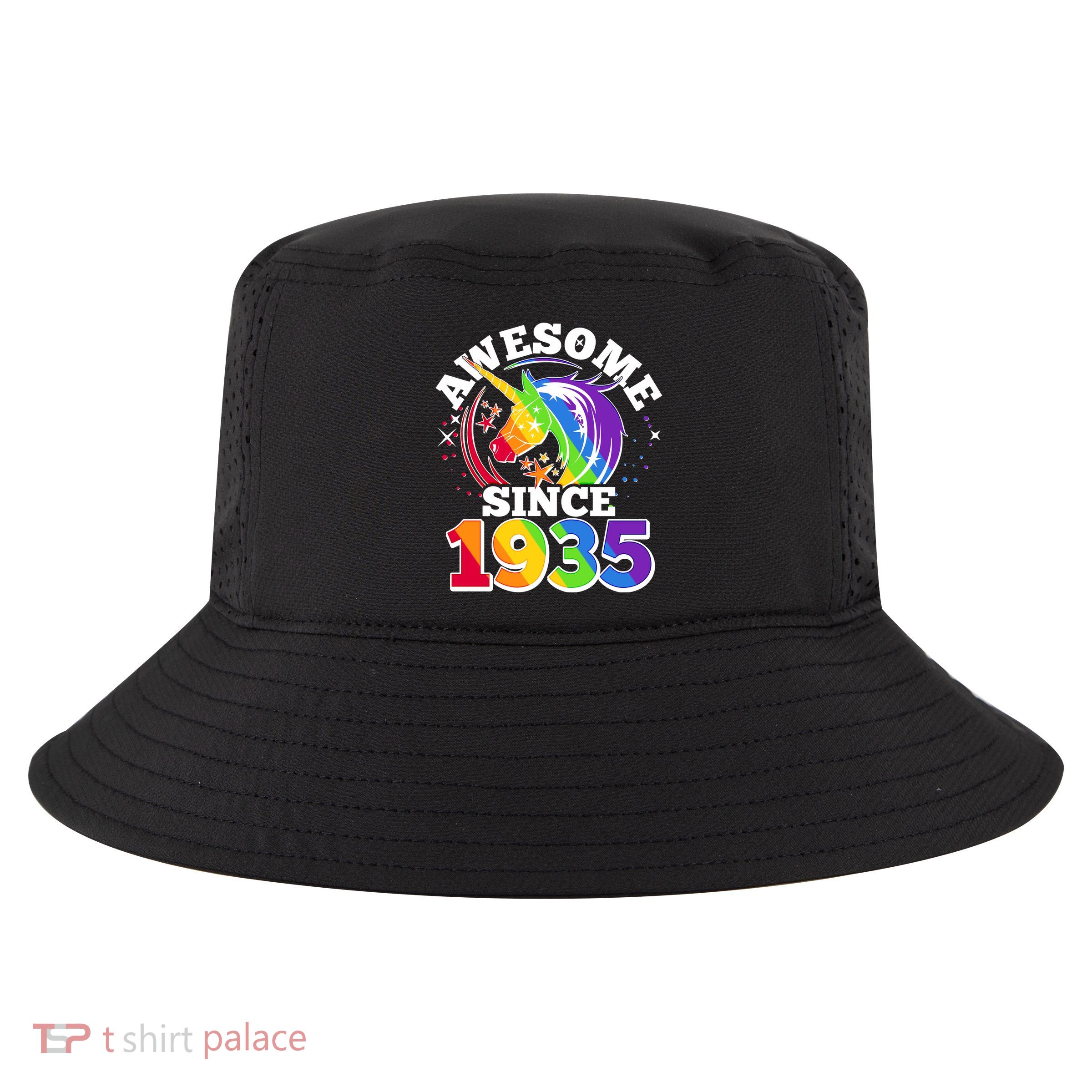 Rainbow Unicorn Awesome Since 1935 90th Birthday Cool Comfort Performance Bucket Hat