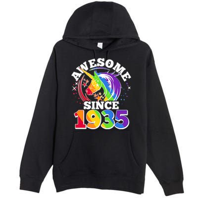 Rainbow Unicorn Awesome Since 1935 90th Birthday Premium Pullover Hoodie