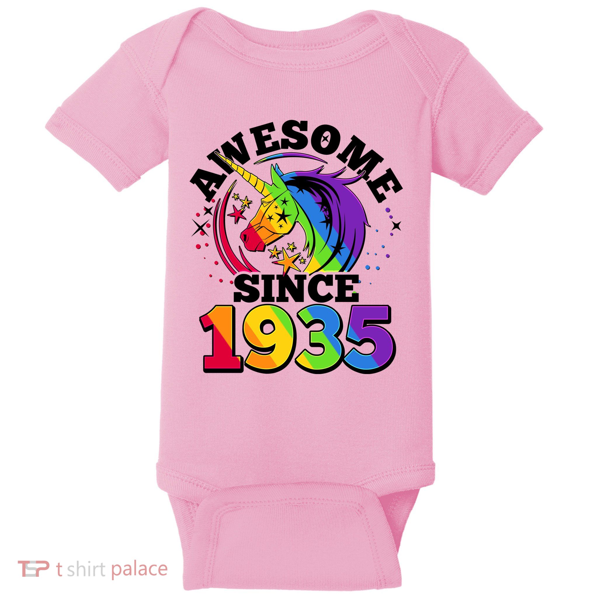 Rainbow Unicorn Awesome Since 1935 90th Birthday Baby Bodysuit