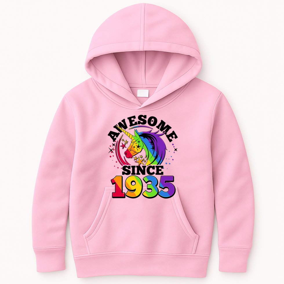 Rainbow Unicorn Awesome Since 1935 90th Birthday Kids Hoodie