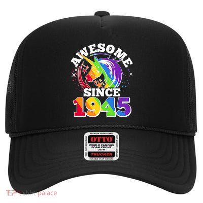 Rainbow Unicorn Awesome Since 1945 80th Birthday High Crown Mesh Back Trucker Hat
