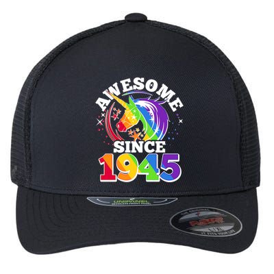 Rainbow Unicorn Awesome Since 1945 80th Birthday Flexfit Unipanel Trucker Cap