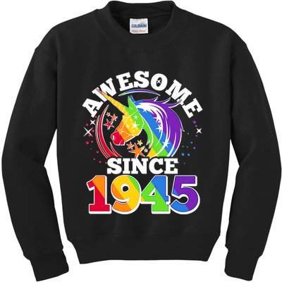 Rainbow Unicorn Awesome Since 1945 80th Birthday Kids Sweatshirt