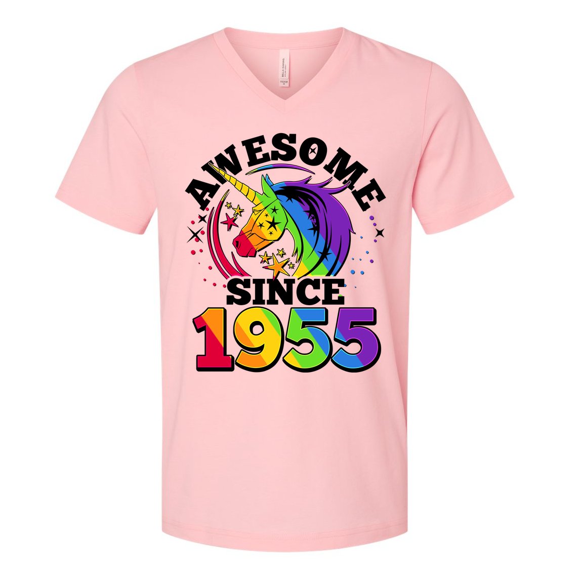 Rainbow Unicorn Awesome Since 1955 70th Birthday V-Neck T-Shirt